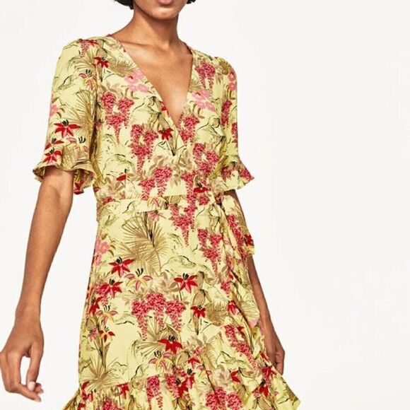 ZARA CottageCore Floral Blogger Festival Feminine Summer Mini Flowy Wrap Dress S - Picture 14 of 15